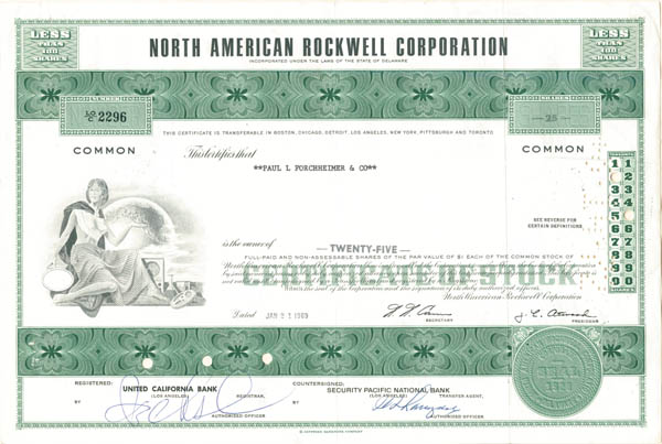 North American Rockwell Overseas Corp. - 1968-72 dated Aircraft, Defense and Space Industry Stock Certificate